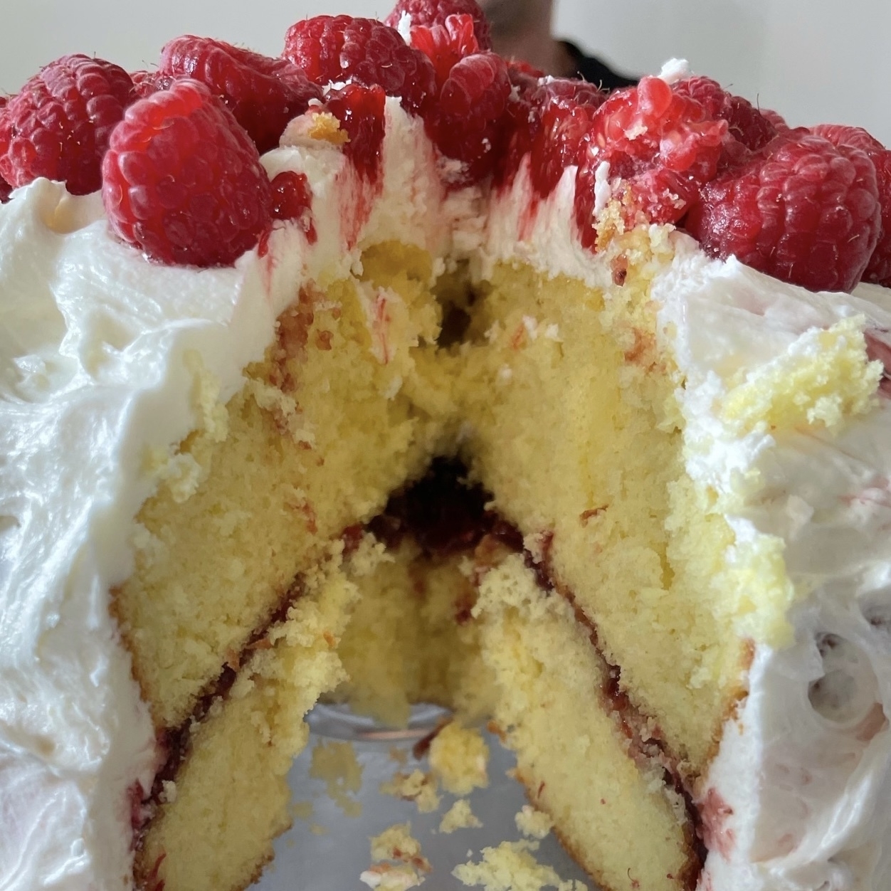 inside of a lemon-raspberry cake